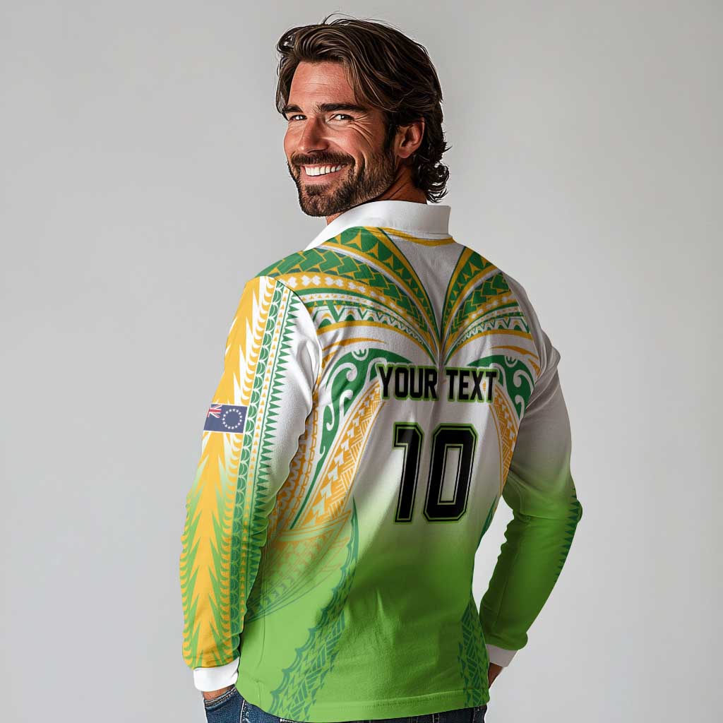 Custom Cook Islands Rugby League Long Sleeve Polo Shirt Avaiki Tatau Tribal Motifs White Color - Polynesian Pride