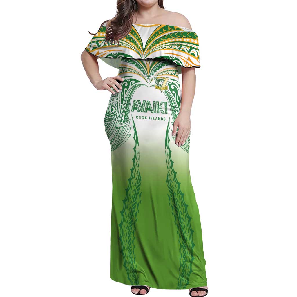 Custom Cook Islands Rugby League Off Shoulder Maxi Dress Avaiki Tatau Tribal Motifs White Color - Polynesian Pride
