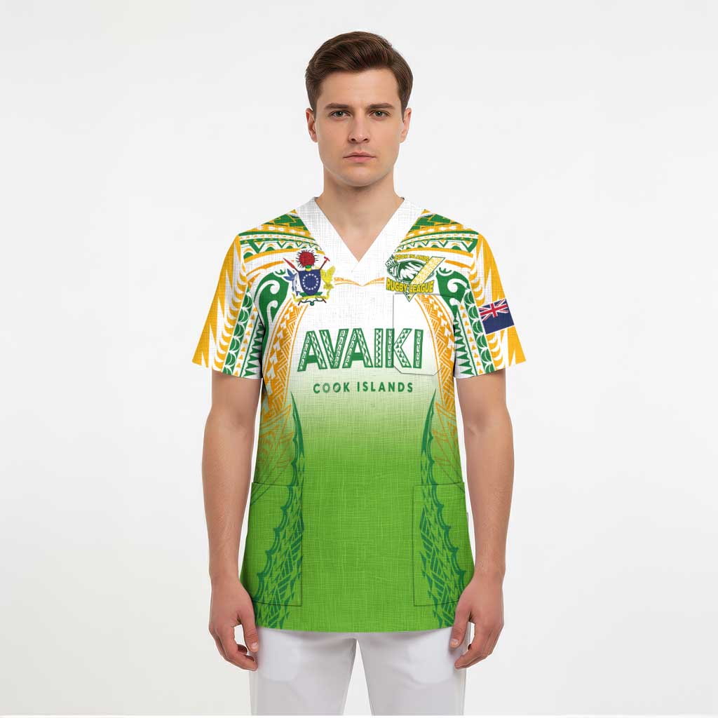 Custom Cook Islands Rugby League Scrub Top Avaiki Tatau Tribal Motifs White Color - Polynesian Pride