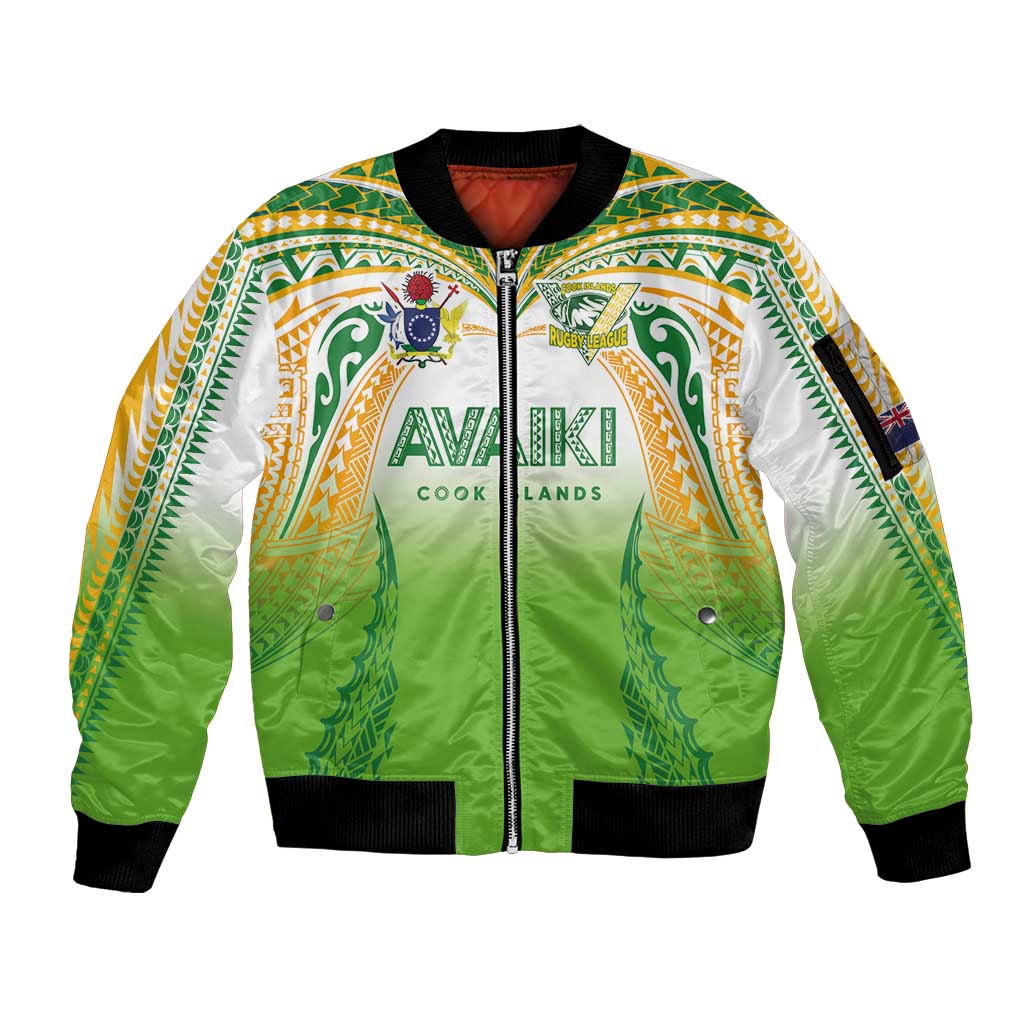 Custom Cook Islands Rugby League Sleeve Zip Bomber Jacket Avaiki Tatau Tribal Motifs White Color - Polynesian Pride