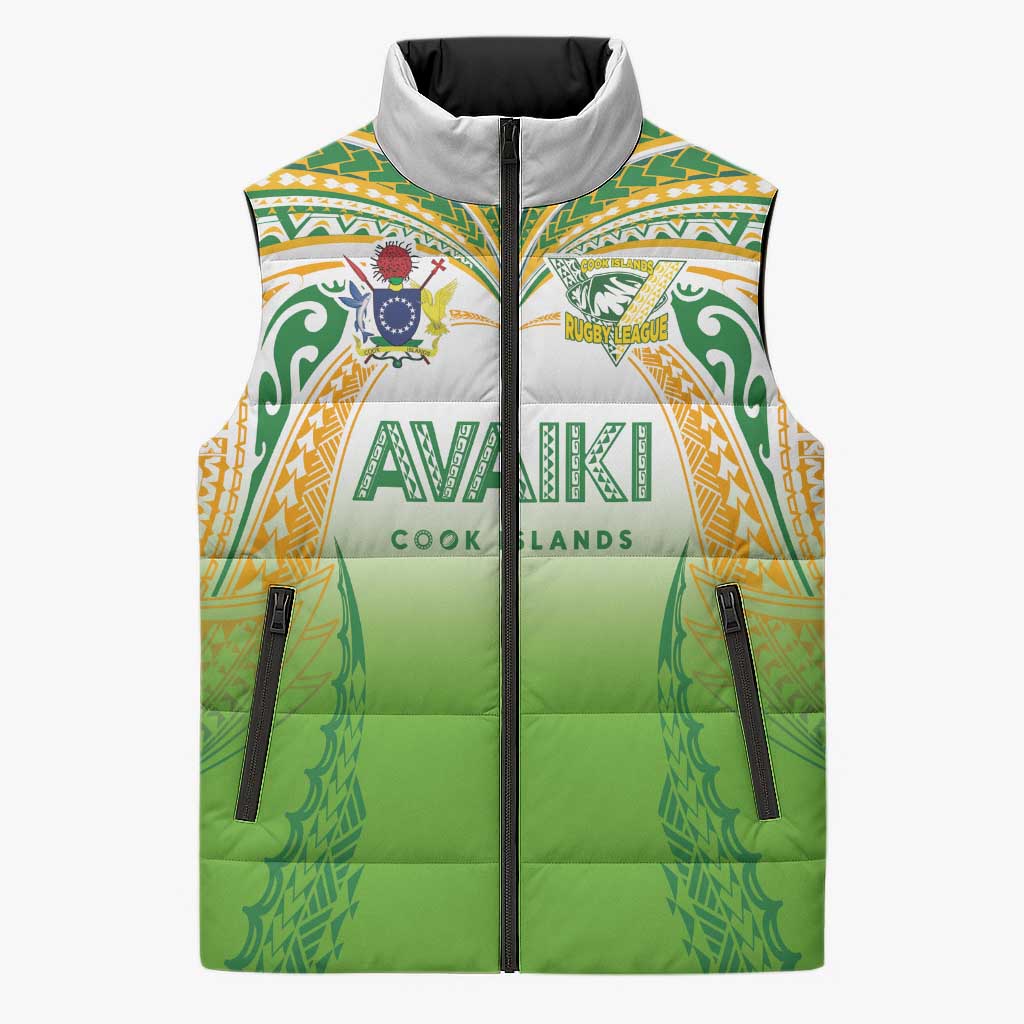 Custom Cook Islands Rugby League Sleeveless Puffer Jacket Avaiki Tatau Tribal Motifs White Color - Polynesian Pride