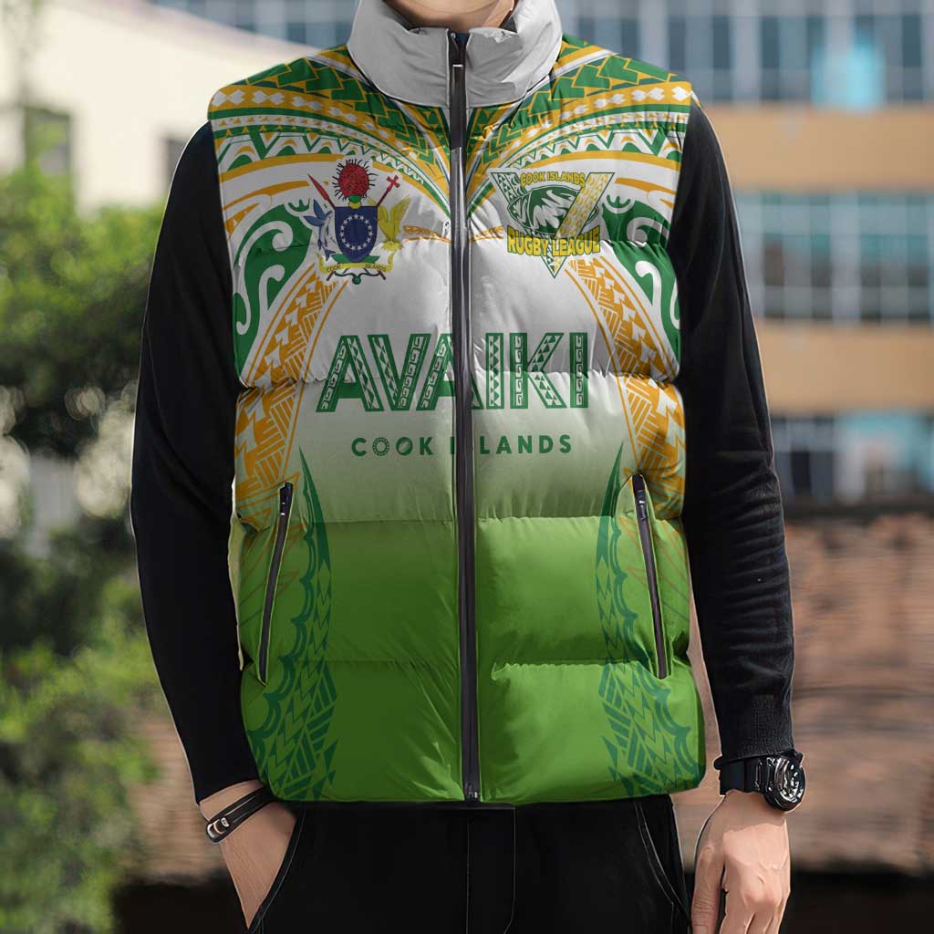 Custom Cook Islands Rugby League Sleeveless Puffer Jacket Avaiki Tatau Tribal Motifs White Color - Polynesian Pride