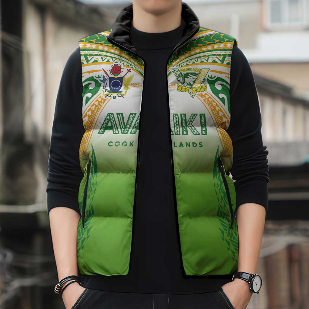 Custom Cook Islands Rugby League Sleeveless Puffer Jacket Avaiki Tatau Tribal Motifs White Color - Polynesian Pride