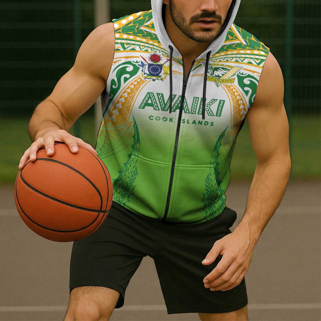 Custom Cook Islands Rugby League Sleeveless Zip Hoodie Avaiki Tatau Tribal Motifs White Color - Polynesian Pride