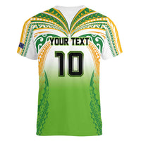Custom Cook Islands Rugby League Women V-Neck T-Shirt Avaiki Tatau Tribal Motifs White Color - Polynesian Pride