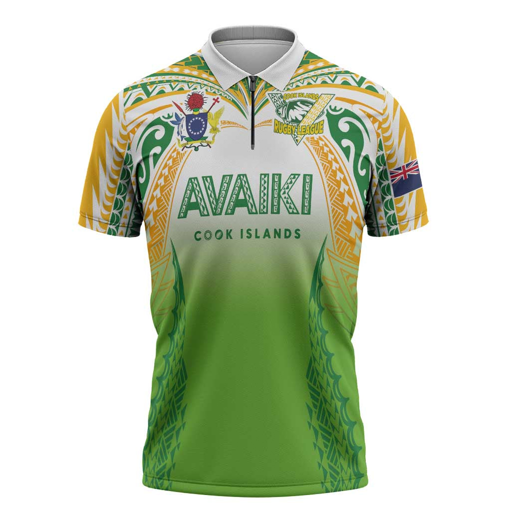 Custom Cook Islands Rugby League Zipper Polo Shirt Avaiki Tatau Tribal Motifs White Color - Polynesian Pride