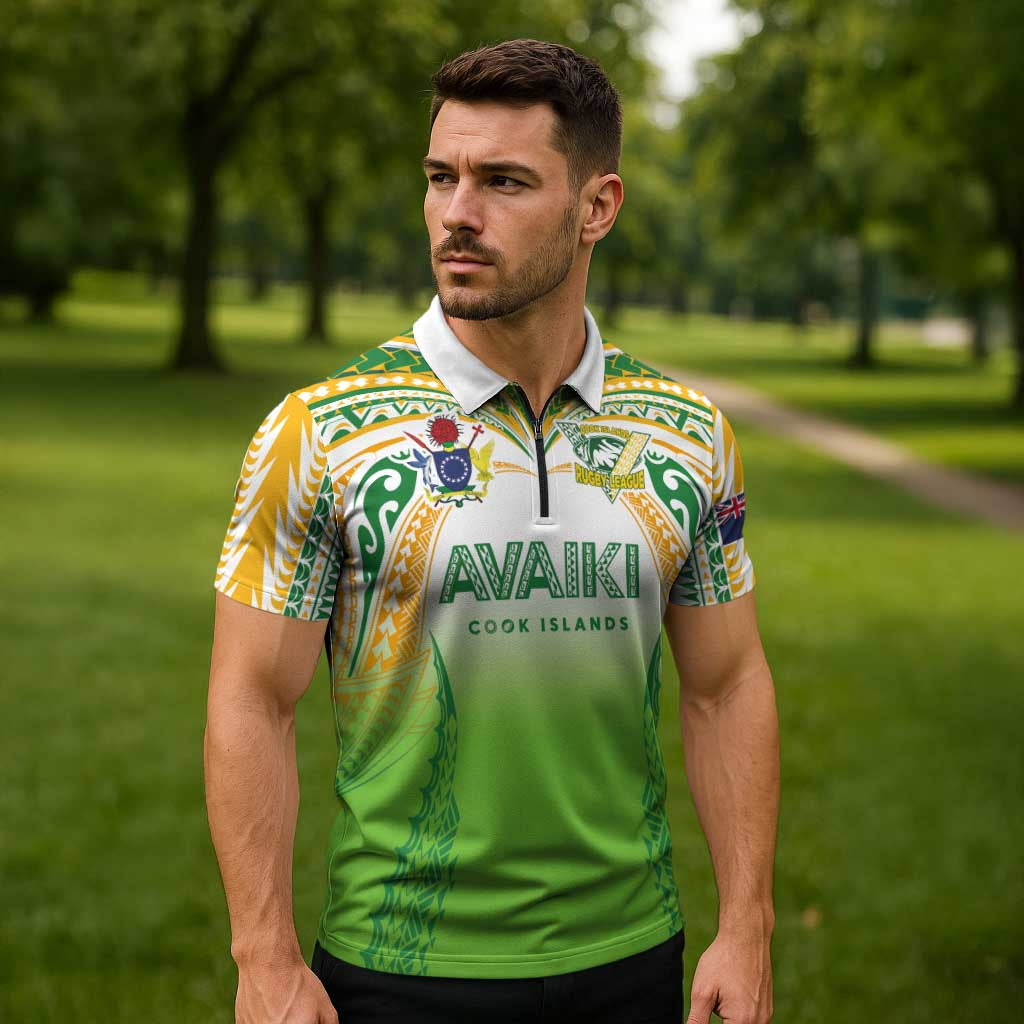 Custom Cook Islands Rugby League Zipper Polo Shirt Avaiki Tatau Tribal Motifs White Color - Polynesian Pride