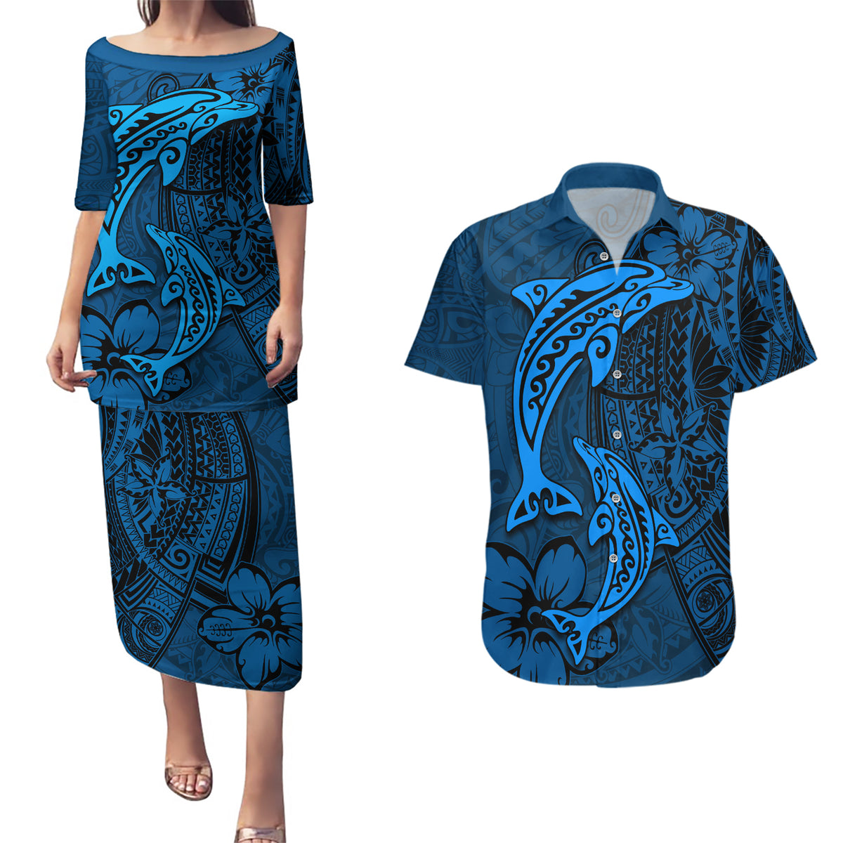 Polynesian Dolphin Valentine Day Couples Matching Puletasi and Hawaiian Shirt Hibiscus and Tribal Tattoo Blue Style LT03 Blue - Polynesian Pride