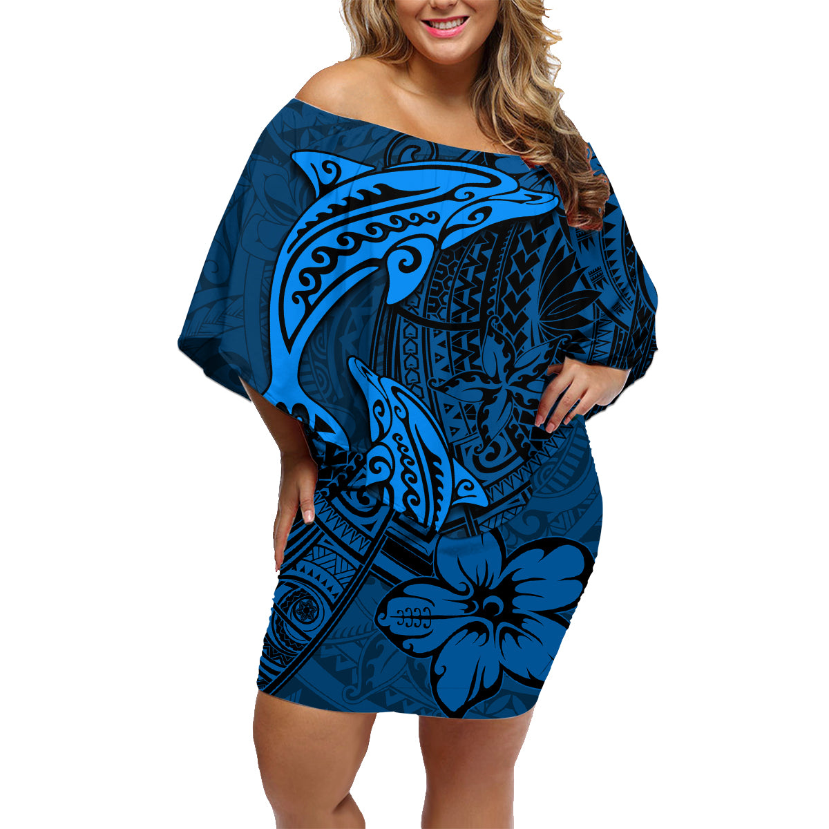 Polynesian Dolphin Valentine Day Family Matching Off Shoulder Short Dress and Hawaiian Shirt Hibiscus and Tribal Tattoo Blue Style LT03 Mom's Dress Blue - Polynesian Pride