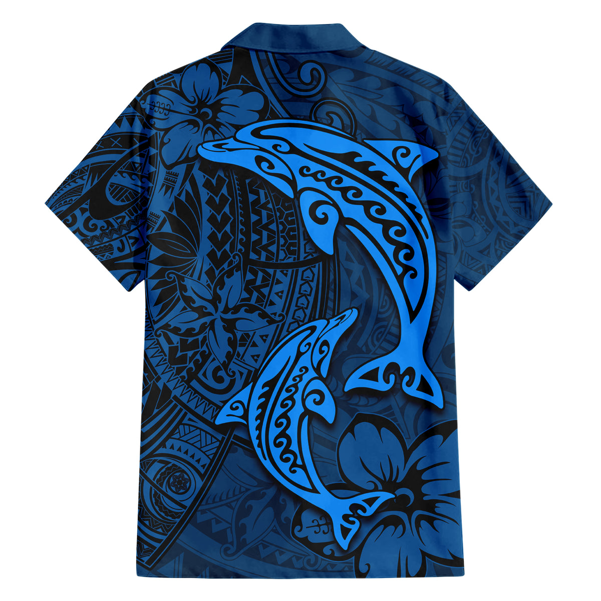 Polynesian Dolphin Valentine Day Family Matching Short Sleeve Bodycon Dress and Hawaiian Shirt Hibiscus and Tribal Tattoo Blue Style LT03 - Polynesian Pride