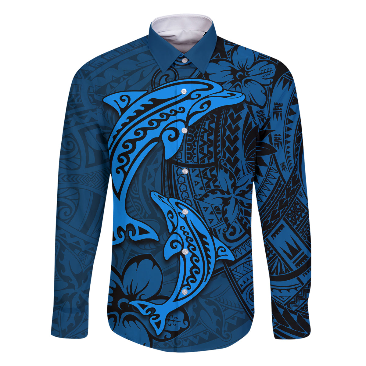 Polynesian Dolphin Valentine Day Family Matching Summer Maxi Dress and Hawaiian Shirt Hibiscus and Tribal Tattoo Blue Style LT03 Dad's Shirt - Long Sleeve Blue - Polynesian Pride
