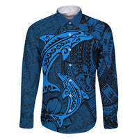 Polynesian Dolphin Valentine Day Family Matching Summer Maxi Dress and Hawaiian Shirt Hibiscus and Tribal Tattoo Blue Style LT03 Dad's Shirt - Long Sleeve Blue - Polynesian Pride
