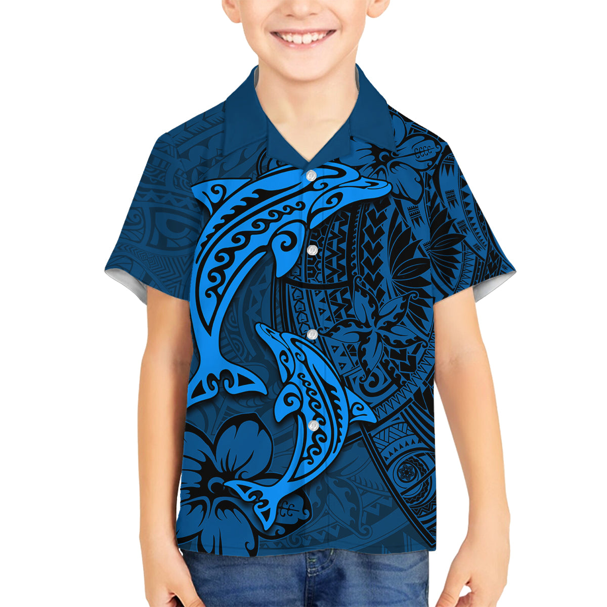 Polynesian Dolphin Valentine Day Family Matching Summer Maxi Dress and Hawaiian Shirt Hibiscus and Tribal Tattoo Blue Style LT03 Son's Shirt Blue - Polynesian Pride