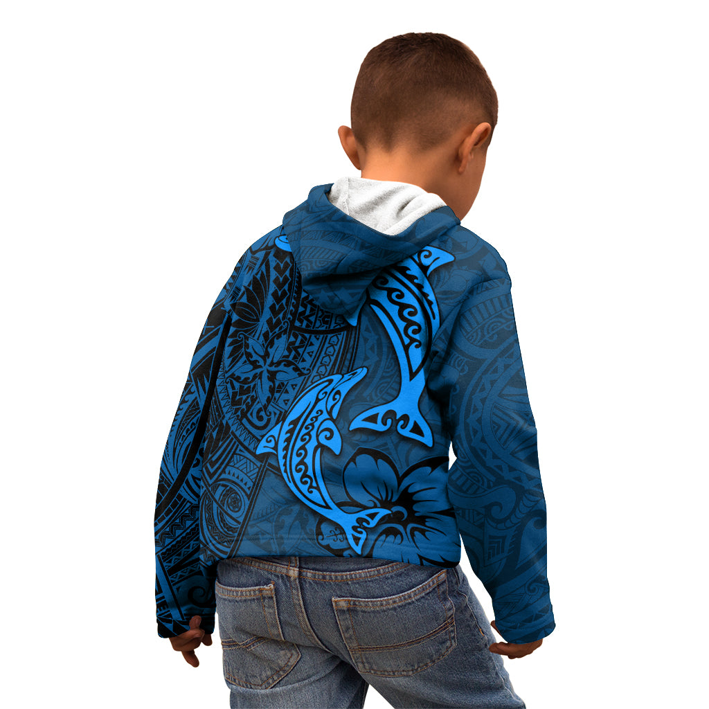 Polynesian Dolphin Valentine Day Kid Hoodie Hibiscus and Tribal Tattoo Blue Style LT03 - Polynesian Pride
