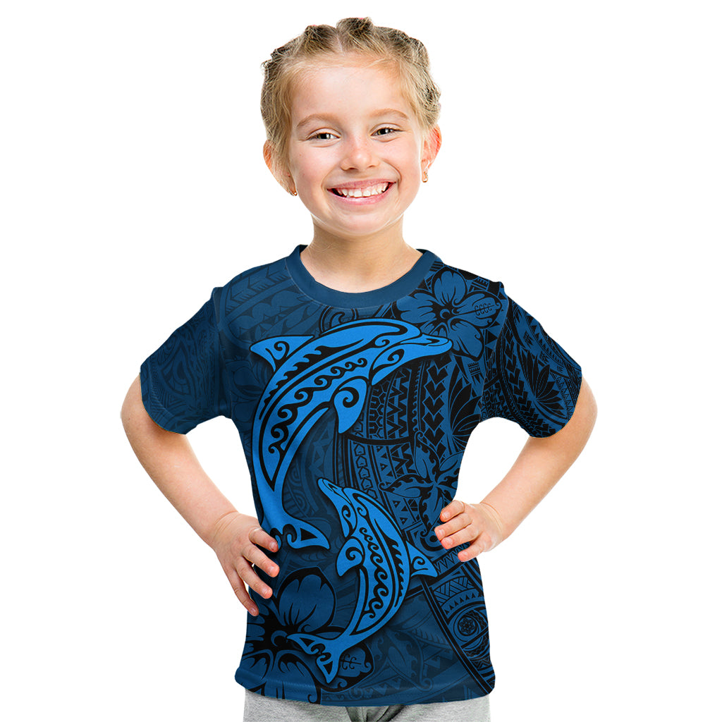 Polynesian Dolphin Valentine Day Kid T Shirt Hibiscus and Tribal Tattoo Blue Style LT03 Blue - Polynesian Pride