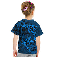 Polynesian Dolphin Valentine Day Kid T Shirt Hibiscus and Tribal Tattoo Blue Style LT03 - Polynesian Pride