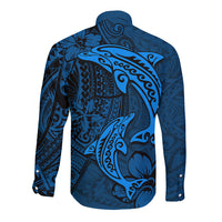 Polynesian Dolphin Valentine Day Long Sleeve Button Shirt Hibiscus and Tribal Tattoo Blue Style LT03 - Polynesian Pride