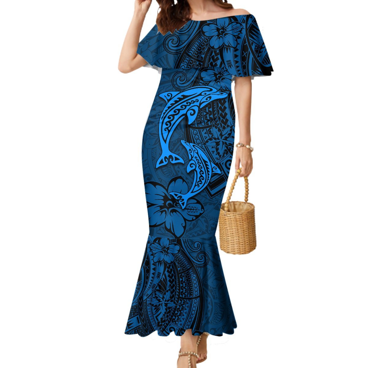 Polynesian Dolphin Valentine Day Mermaid Dress Hibiscus and Tribal Tattoo Blue Style LT03 Women Blue - Polynesian Pride