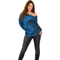 Polynesian Dolphin Valentine Day Off Shoulder Sweater Hibiscus and Tribal Tattoo Blue Style LT03 - Polynesian Pride
