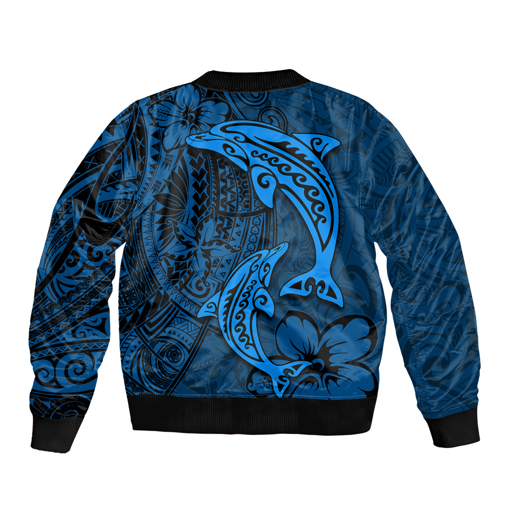 Polynesian Dolphin Valentine Day Sleeve Zip Bomber Jacket Hibiscus and Tribal Tattoo Blue Style LT03 - Polynesian Pride