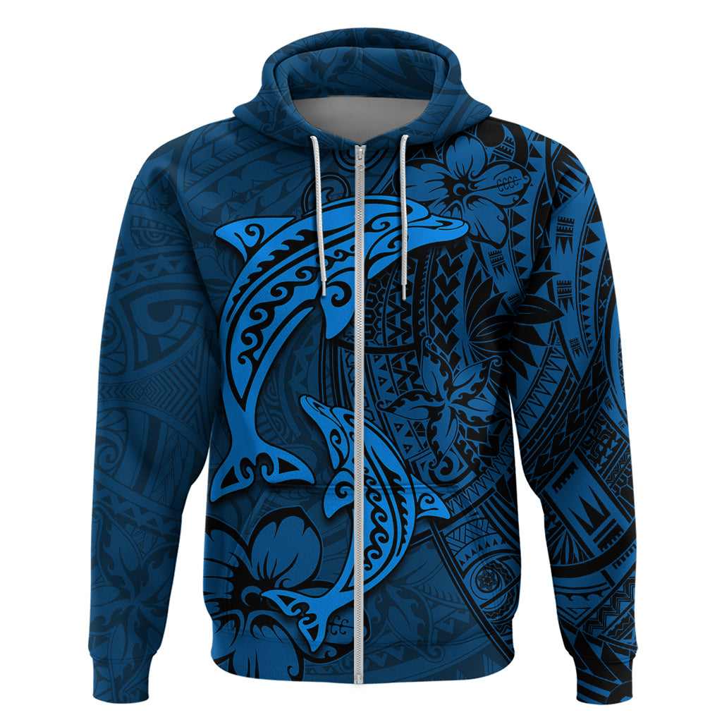 Polynesian Dolphin Valentine Day Zip Hoodie Hibiscus and Tribal Tattoo Blue Style LT03 Zip Hoodie Blue - Polynesian Pride