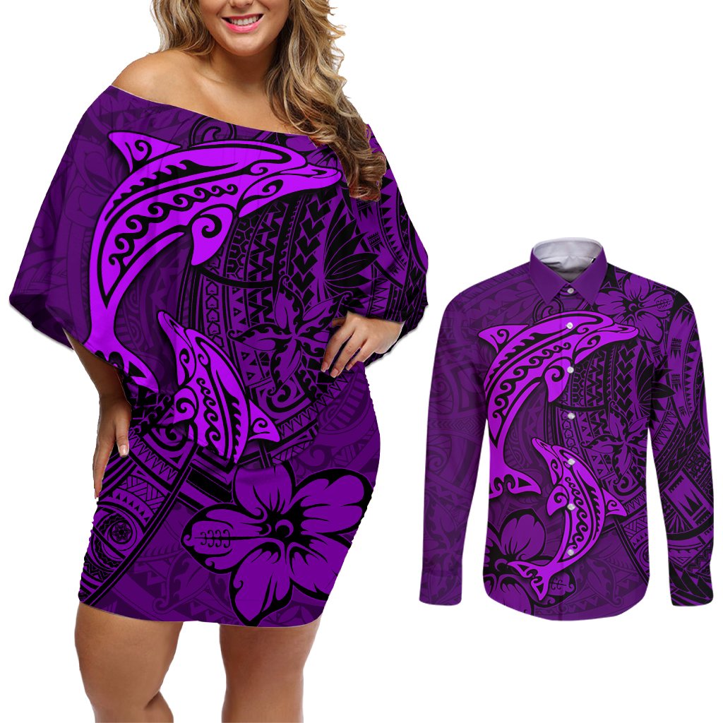 Polynesian Dolphin Valentine Day Couples Matching Off Shoulder Short Dress and Long Sleeve Button Shirt Hibiscus and Tribal Tattoo Purple Style LT03 Purple - Polynesian Pride