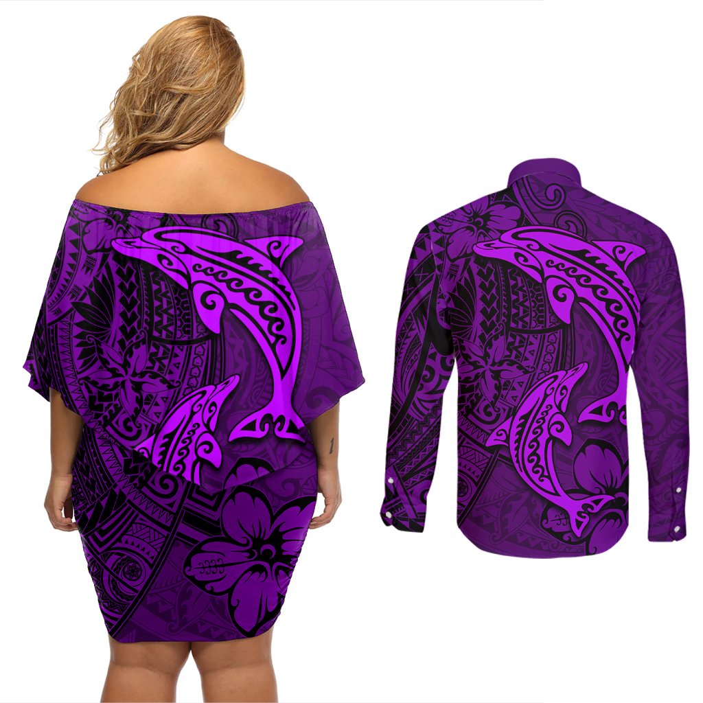 Polynesian Dolphin Valentine Day Couples Matching Off Shoulder Short Dress and Long Sleeve Button Shirt Hibiscus and Tribal Tattoo Purple Style LT03 - Polynesian Pride
