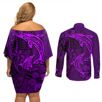 Polynesian Dolphin Valentine Day Couples Matching Off Shoulder Short Dress and Long Sleeve Button Shirt Hibiscus and Tribal Tattoo Purple Style LT03 - Polynesian Pride