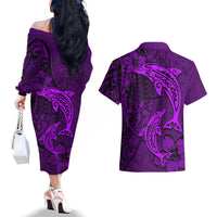 Polynesian Dolphin Valentine Day Couples Matching Off The Shoulder Long Sleeve Dress and Hawaiian Shirt Hibiscus and Tribal Tattoo Purple Style LT03 - Polynesian Pride