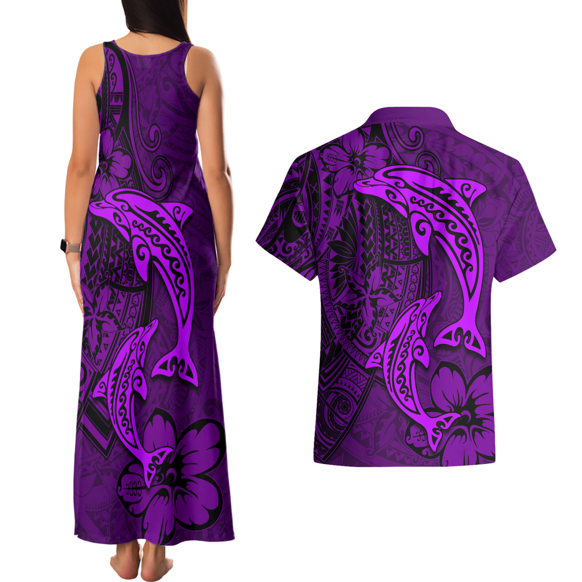 Polynesian Dolphin Valentine Day Couples Matching Tank Maxi Dress and Hawaiian Shirt Hibiscus and Tribal Tattoo Purple Style LT03 - Polynesian Pride