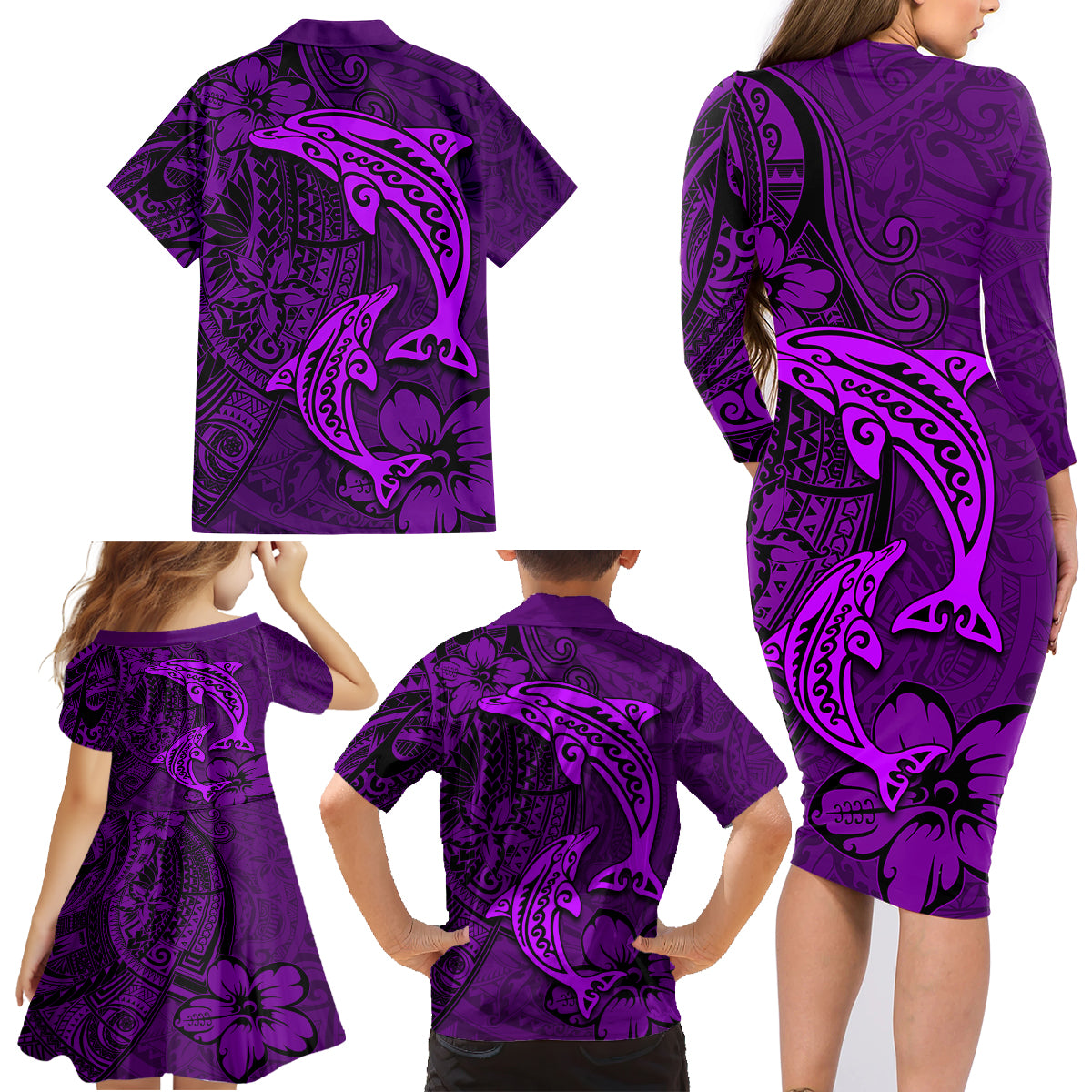 Polynesian Dolphin Valentine Day Family Matching Long Sleeve Bodycon Dress and Hawaiian Shirt Hibiscus and Tribal Tattoo Purple Style LT03 - Polynesian Pride
