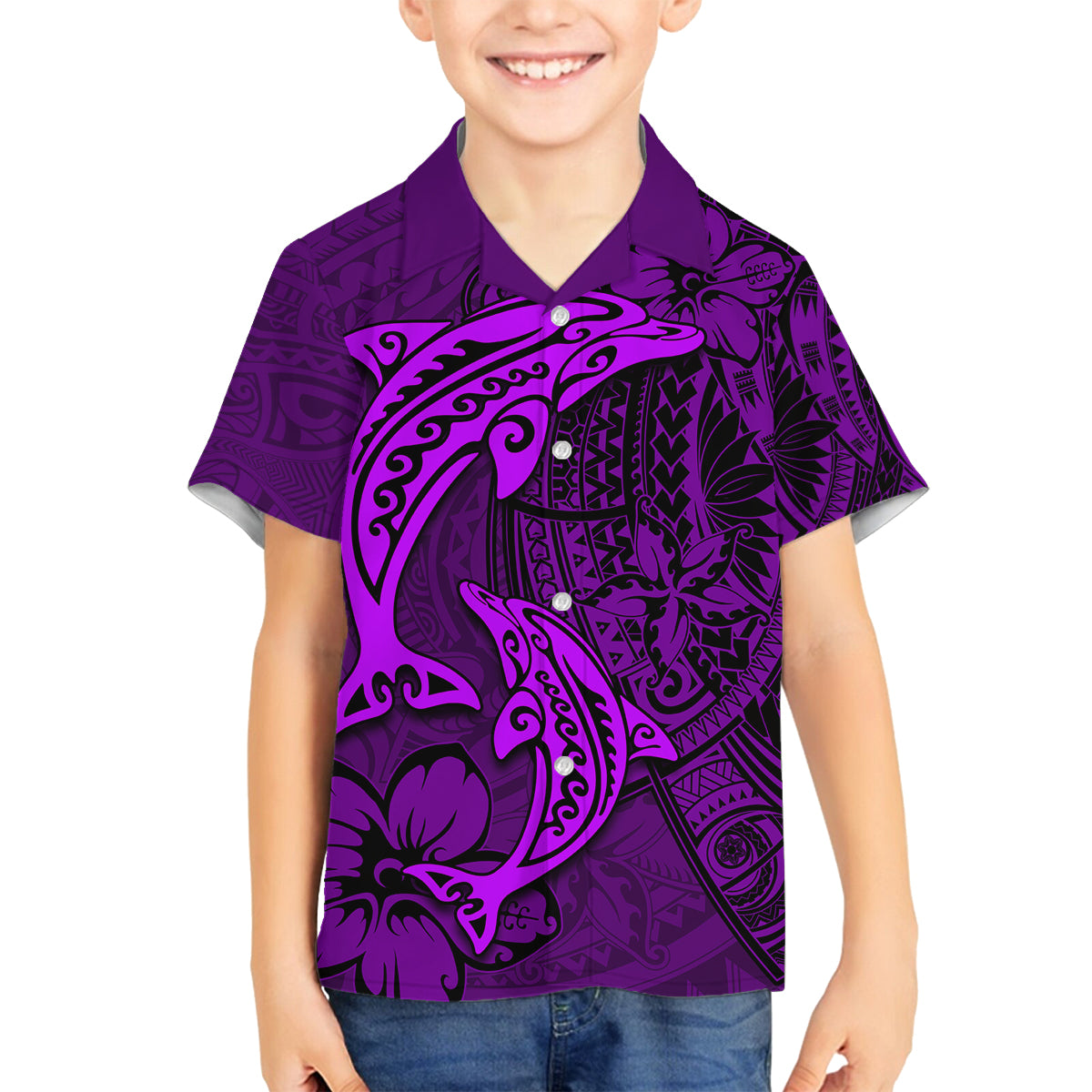 Polynesian Dolphin Valentine Day Family Matching Long Sleeve Bodycon Dress and Hawaiian Shirt Hibiscus and Tribal Tattoo Purple Style LT03 Son's Shirt Purple - Polynesian Pride