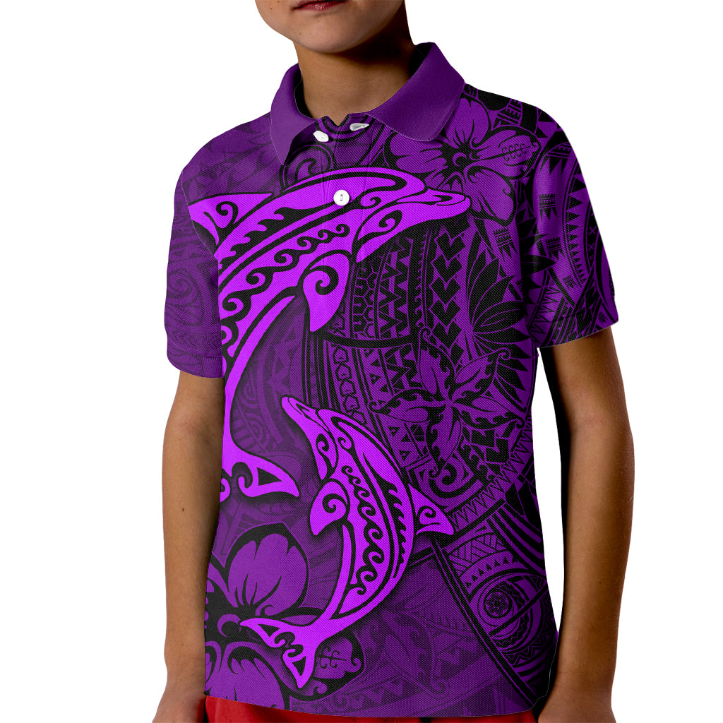 Polynesian Dolphin Valentine Day Kid Polo Shirt Hibiscus and Tribal Tattoo Purple Style LT03 Kid Purple - Polynesian Pride