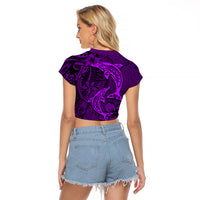 Polynesian Dolphin Valentine Day Raglan Cropped T Shirt Hibiscus and Tribal Tattoo Purple Style LT03 - Polynesian Pride