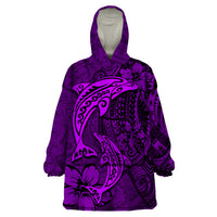 Polynesian Dolphin Valentine Day Wearable Blanket Hoodie Hibiscus and Tribal Tattoo Purple Style LT03 One Size Purple - Polynesian Pride
