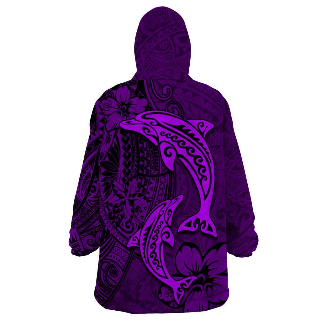 Polynesian Dolphin Valentine Day Wearable Blanket Hoodie Hibiscus and Tribal Tattoo Purple Style LT03 - Polynesian Pride