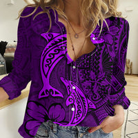 Polynesian Dolphin Valentine Day Women Casual Shirt Hibiscus and Tribal Tattoo Purple Style LT03 Female Purple - Polynesian Pride