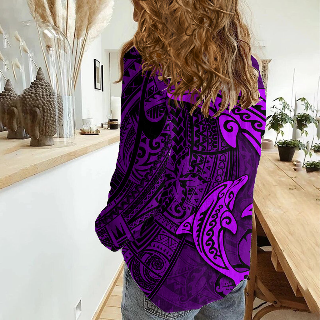 Polynesian Dolphin Valentine Day Women Casual Shirt Hibiscus and Tribal Tattoo Purple Style LT03 - Polynesian Pride