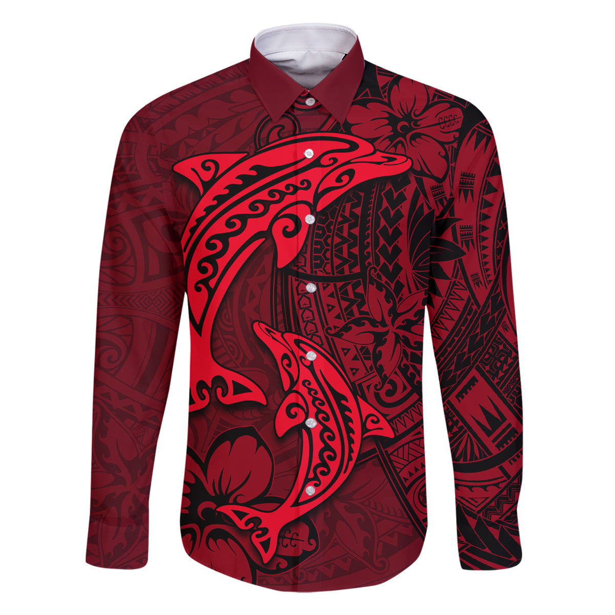 Polynesian Dolphin Valentine Day Family Matching Mermaid Dress and Hawaiian Shirt Hibiscus and Tribal Tattoo Red Style LT03 Dad's Shirt - Long Sleeve Red - Polynesian Pride