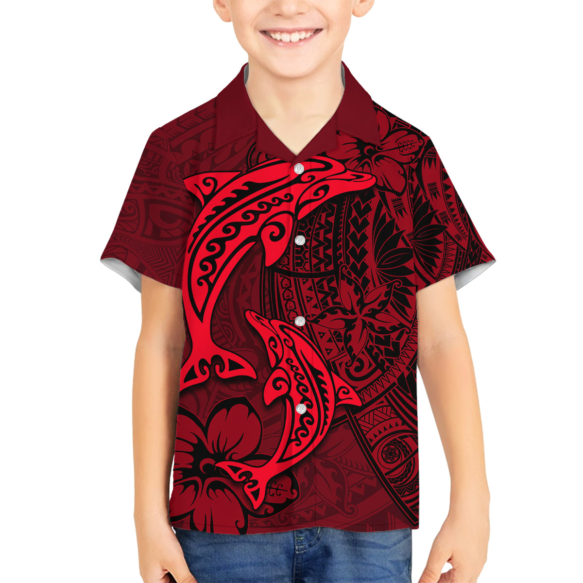 Polynesian Dolphin Valentine Day Family Matching Off Shoulder Long Sleeve Dress and Hawaiian Shirt Hibiscus and Tribal Tattoo Red Style LT03 Son's Shirt Red - Polynesian Pride