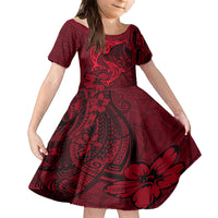 Polynesian Dolphin Valentine Day Family Matching Short Sleeve Bodycon Dress and Hawaiian Shirt Hibiscus and Tribal Tattoo Red Style LT03 Daughter's Dress Red - Polynesian Pride