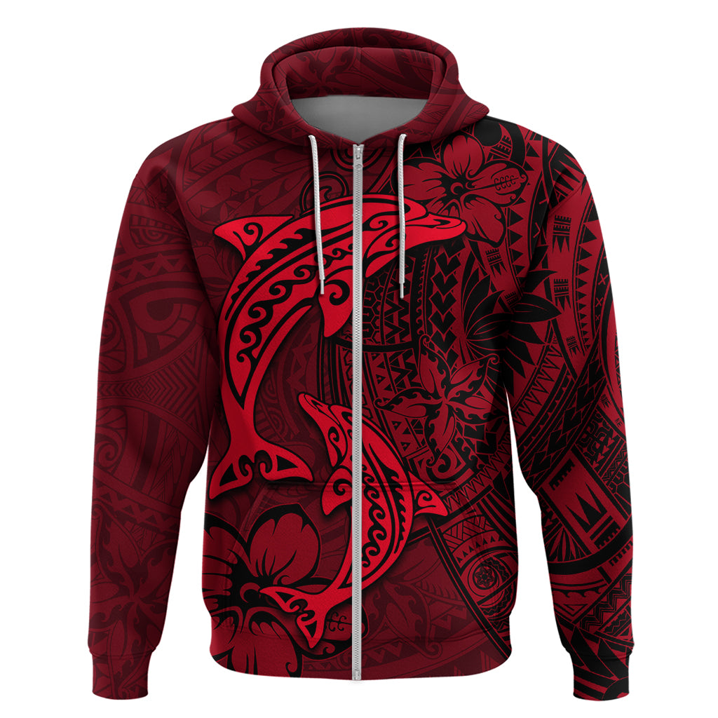 Polynesian Dolphin Valentine Day Hoodie Hibiscus and Tribal Tattoo Red Style LT03 Zip Hoodie Red - Polynesian Pride