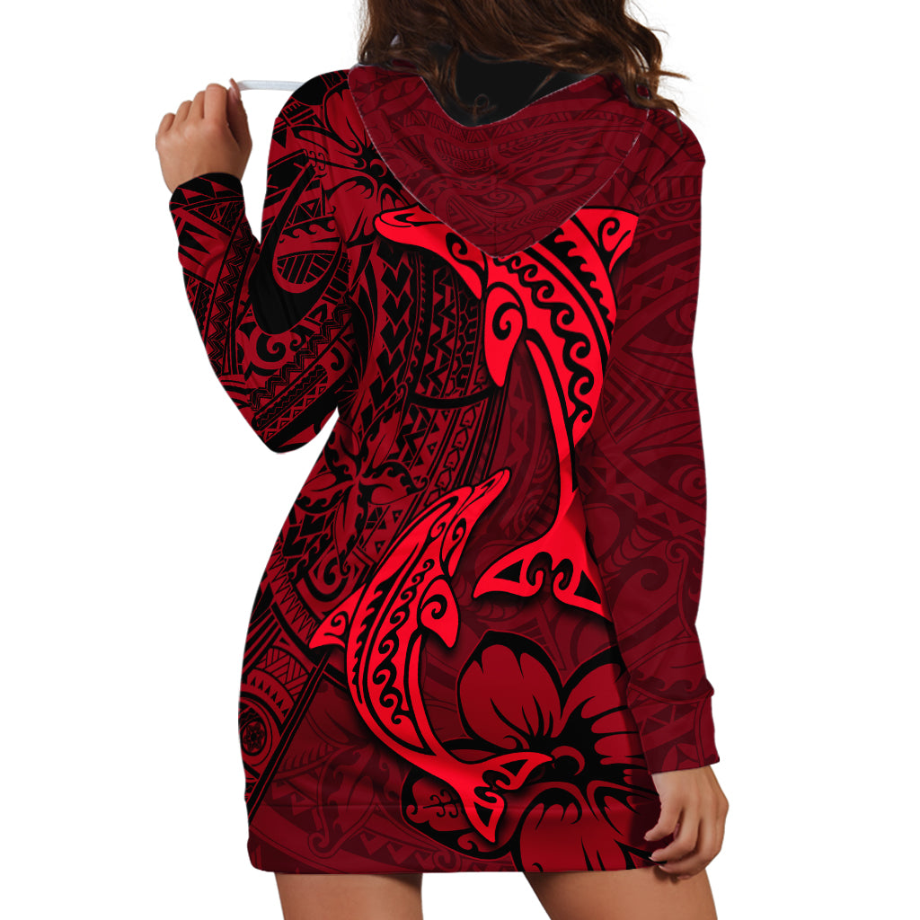 Polynesian Dolphin Valentine Day Hoodie Dress Hibiscus and Tribal Tattoo Red Style LT03 - Polynesian Pride