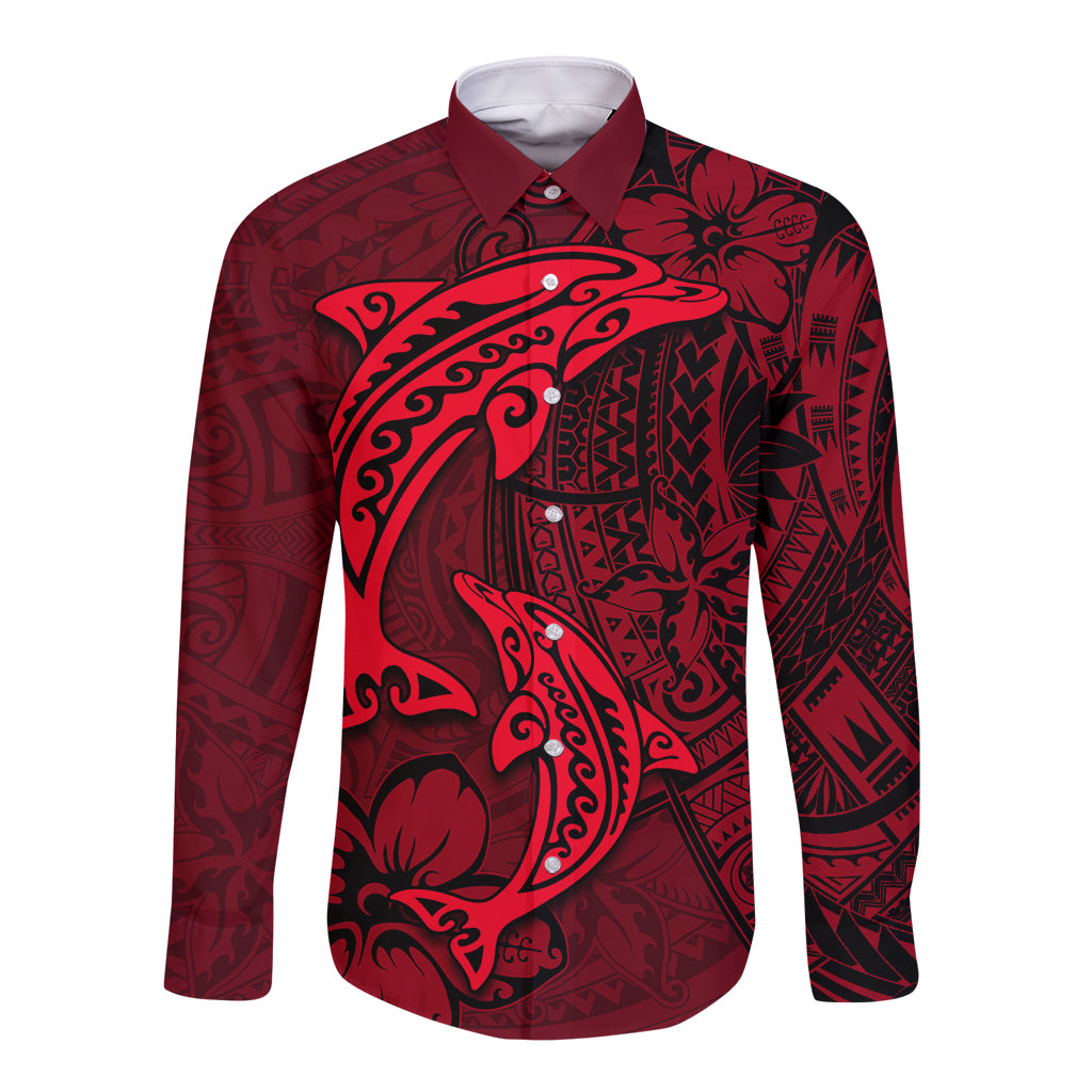 Polynesian Dolphin Valentine Day Long Sleeve Button Shirt Hibiscus and Tribal Tattoo Red Style LT03 Unisex Red - Polynesian Pride