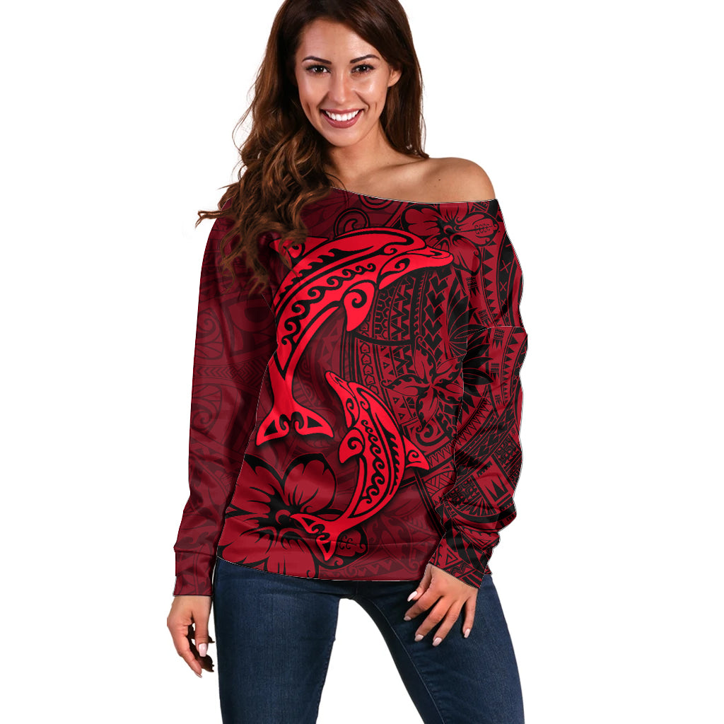 Polynesian Dolphin Valentine Day Off Shoulder Sweater Hibiscus and Tribal Tattoo Red Style LT03 Women Red - Polynesian Pride