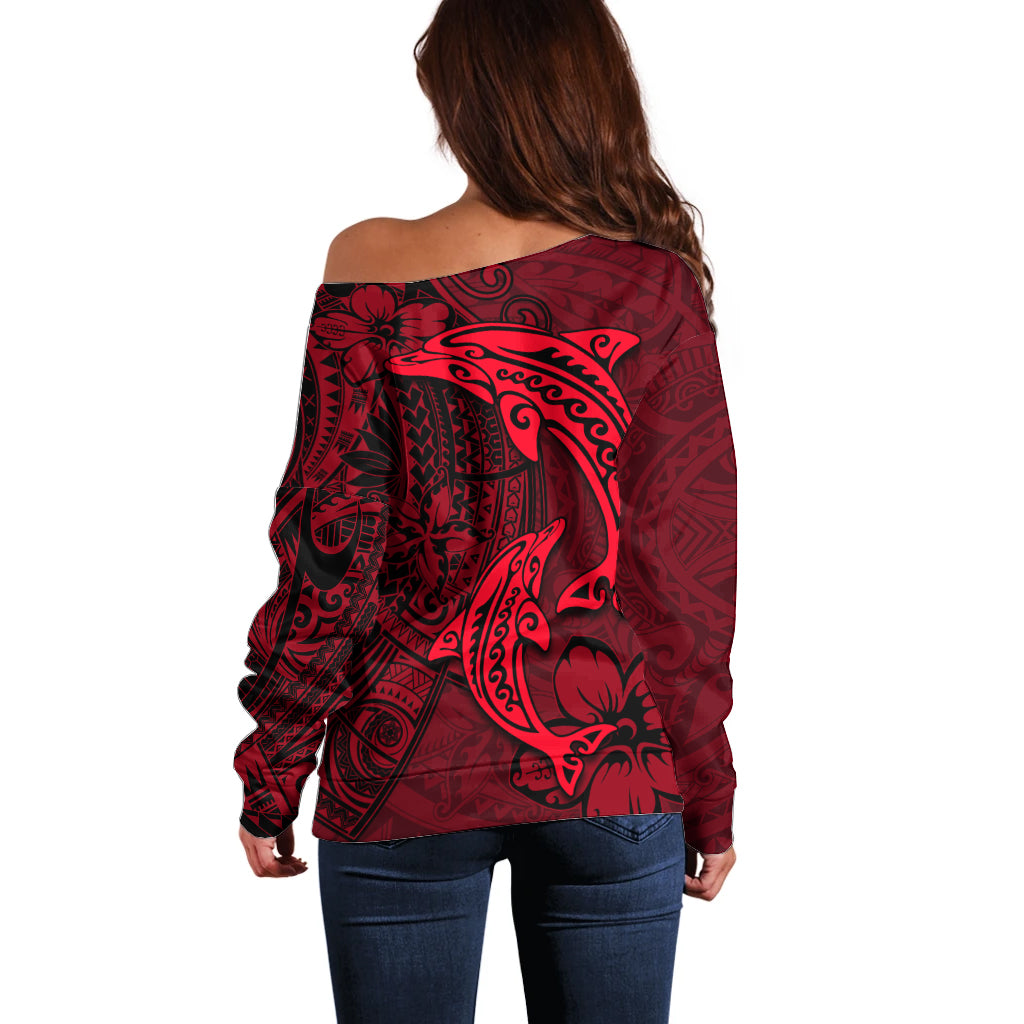 Polynesian Dolphin Valentine Day Off Shoulder Sweater Hibiscus and Tribal Tattoo Red Style LT03 - Polynesian Pride