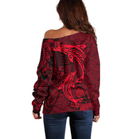 Polynesian Dolphin Valentine Day Off Shoulder Sweater Hibiscus and Tribal Tattoo Red Style LT03 - Polynesian Pride