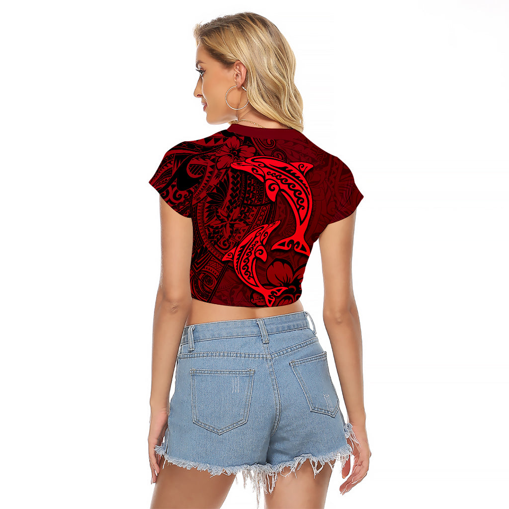 Polynesian Dolphin Valentine Day Raglan Cropped T Shirt Hibiscus and Tribal Tattoo Red Style LT03 - Polynesian Pride