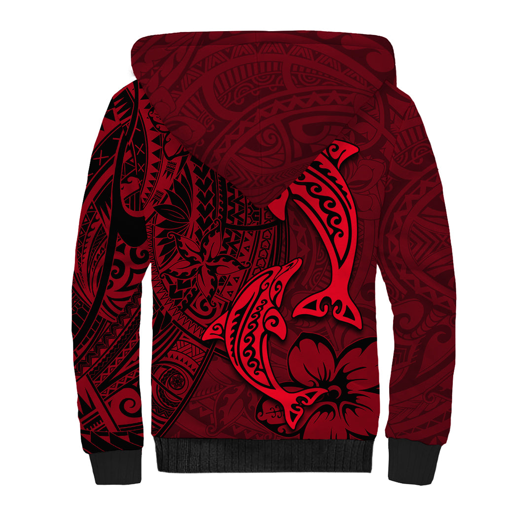 Polynesian Dolphin Valentine Day Sherpa Hoodie Hibiscus and Tribal Tattoo Red Style LT03 - Polynesian Pride
