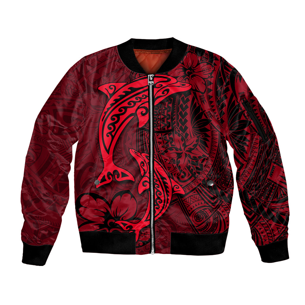 Polynesian Dolphin Valentine Day Sleeve Zip Bomber Jacket Hibiscus and Tribal Tattoo Red Style LT03 Unisex Red - Polynesian Pride